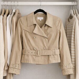 Merona Cropped Trench Jacket Khaki Beige Belted Double Breasted L